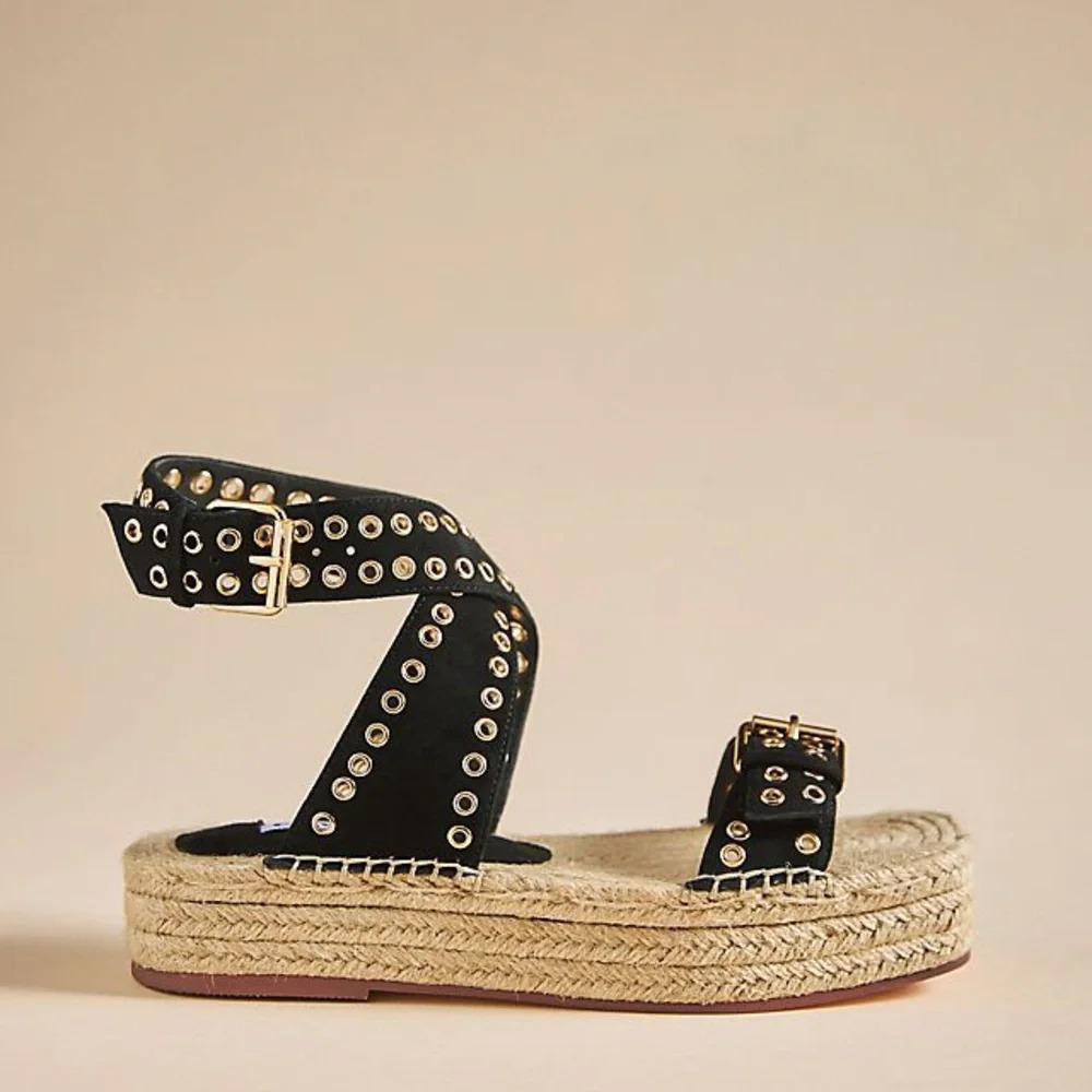 Anthropologie Black Eyelet Espadrille Platform Sandals with Gold Buckles